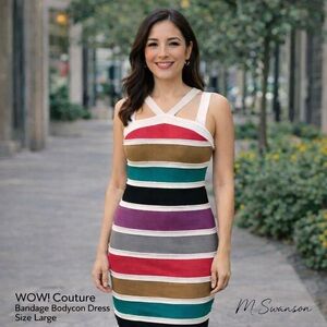 WOW! Couture Multicolor Striped Bandage Bodycon Dress – Size Large